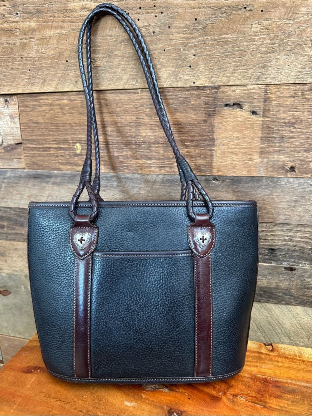 Brighton Vintage Black Pebbled Leather Shoulder Bag Tote Silver Heart Accent